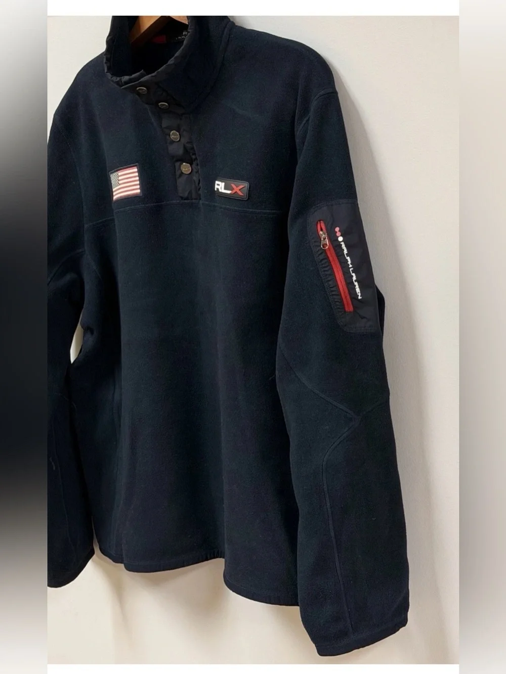 VTG Polo Ralph Lauren RLX Fleece Pullover Mens XXL Navy Blue USA Flag 1/4 Snap